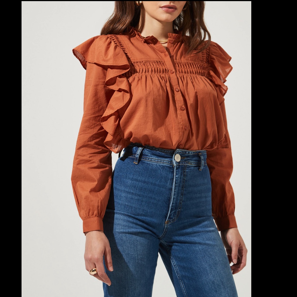 Astr The Label Fawn Ruffle Sleeve Rust Top Blouse